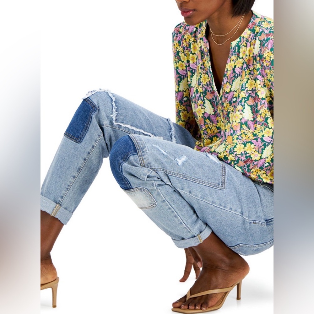 INC International Concepts Blue Patchwork Boyfriend Jeans